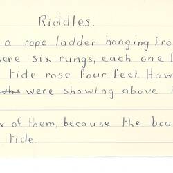 Document - Beverley Prentice, Addressed to Dorothy Howard, Transcription of a Riddle, 1954-1955