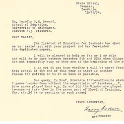 Letter - Harry Dodson, to Dorothy Howard, Confirmation of Assistance with Survey of Children's Play at Tasmanian State School, 19 Nov 1954