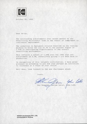 Letter - Kodak Australasia Pty Ltd, Roy Kennedy, Adrian Lalor & John Lobb to Brian Phillipson, Sensitizing Production Improvement, 26 Oct 1989