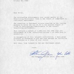 Letter - Roy Kennedy, Adrian Lalor & John Lobb to Brian Phillipson, Sensitizing Production Improvement, 26 Oct 1989