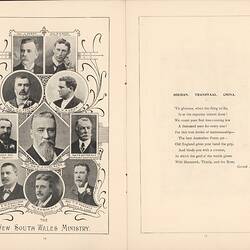 Open booklet, white pages with decorative border framing collage of 10 men on left, printed text on right.
