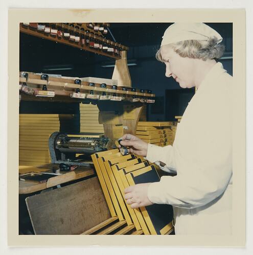 Slide 169, 'Extra Prints of Coburg Lecture', Worker Date Stamping Product Packaging, Kodak Factory, Coburg, circa 1960s