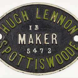 Rollingstock Builders Plate - Hugh Lennon, Spotswood, Victoria, circa 1890s