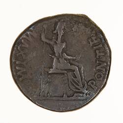 Round coin, aged, seated figure, holding sceptre in left hand, holding branch in right hand.