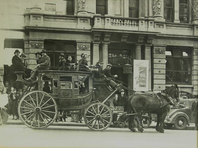 The Aisbett Concord Coach Outside 'The Age' Newspaper Office in Collins Street, Melbourne, Enroute from Ballarat to the Museum, 7 Aug 1934