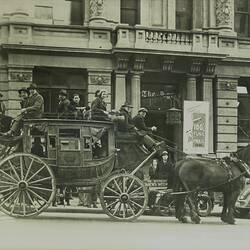 The Aisbett Concord Coach Outside 'The Age' Newspaper Office in Collins Street, Melbourne, Enroute from Ballarat to the Museum, 7 Aug 1934