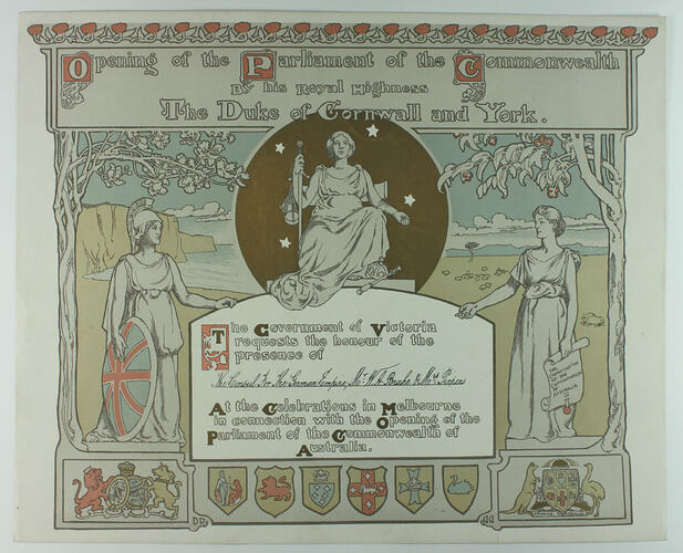 Colour printed invitation on card. Three female figures in landscape, shields below. Text top, centre.