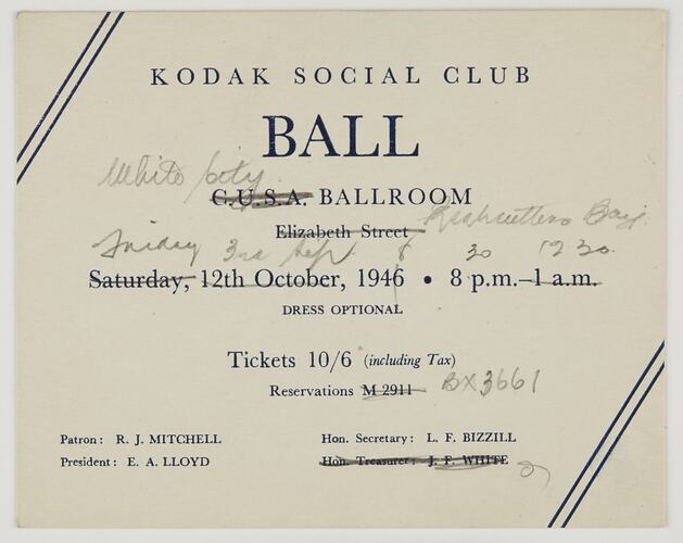 Invitation - Kodak Australasia Pty Ltd, 'Kodak Social Club Ball', Sydney, 12 Oct 1946