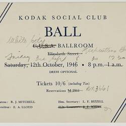 Invitation - Kodak Australasia Pty Ltd, 'Kodak Social Club Ball', Sydney, 12 Oct 1946