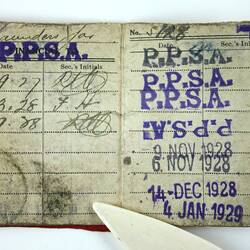 Stamped pages of membership card.