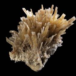 Cluster of flat, straight, creamy crystals.