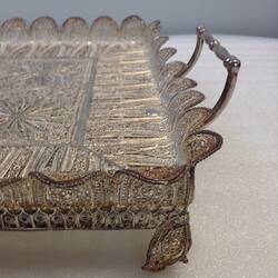 Handmade rectangular filigree (open wirework) silver tray. Detail.