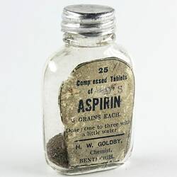 Soil in Aspirin Bottle - H.W. Goldby, Chemist, Bentleigh, Contains Soil Sample, circa 1914-1930