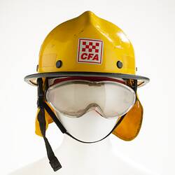 Yellow helmet with safety goggles and neck flap.