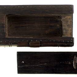 Dark wooden snuff box with sliding lid. Lid removed.