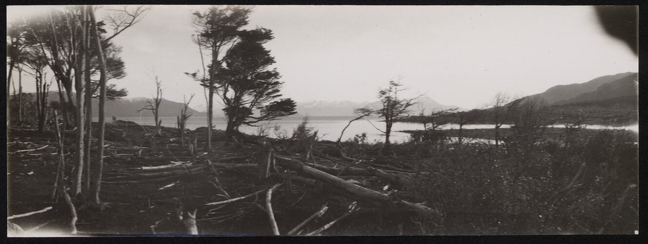 Entrance to Rio Douglas on Navarino Island - looking across the water to Ponsonby Sound and Hoste Island in June 1929.