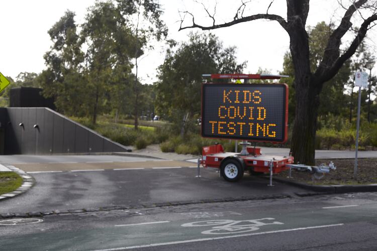 Billboard, 'Kids Covid Testing', Royal Children's Hospital, Flemington Road, Melbourne, Jul 2020