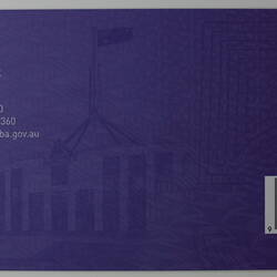 Back of rectangular purple card. White text.