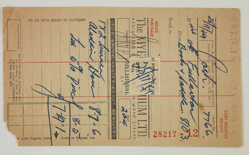 Off-white paper receipt printed with black and red ink, written on with blue ink and pencil.