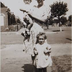 Photograph - Mrs Vi Morgan With Children Kay & James, Albert Park, circa 1943