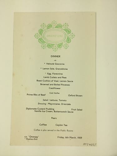 Menu - Dinner, Orient Line, SS Oronsay, 6 Mar 1959