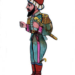 Profile of bearded male with sword wearing hat.