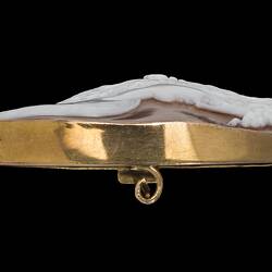 Profile of oval brooch, white cameo of classical female facing right with a headpiece of grapes, leaves and feathers. Brown background set in polished gold border.
