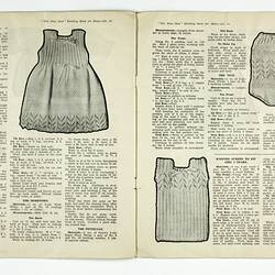 Printed knitting instructions with accompanying photographs of baby clothes in black and white.