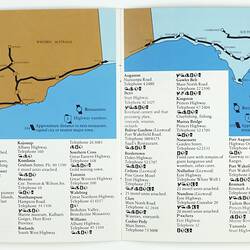 Open booklet. Printed list of restaurant locations with a coloured illustrated map of WA and SA.
