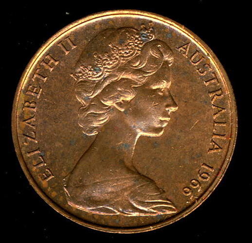 Coin - 2 Cents, Australia, 1966, photographed by Museums Victoria