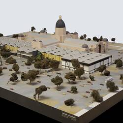 Architectural model of Royal Exhibition Building, Carlton Gardens with fountains, carpark and annexes.