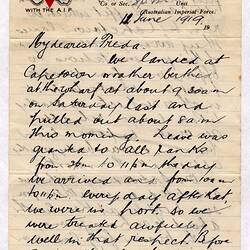 Letter - Dudley Townley to Freda Gwyn, En Route to Australia, 12 Jun 1919