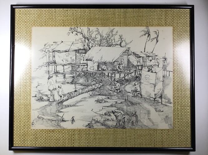 Pen and ink illustration of Malaysian village with people, huts, water and trees. Black frame.