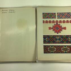 Open folder with colourful geometric designs and printed embroidery instructions.