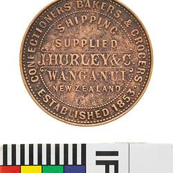 Token - 1 Penny, J. Hurley & Co, Wanganui, New Zealand, circa 1875