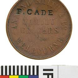 Surcharged Token - 1 Penny, Annand, Smith & Co, Family Grocers, Melbourne, 1851 stamped 'F.Cade', Melbourne, Victoria, Austalia, circa 1856