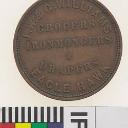 Token - 1 Penny, J.W.& G. Williams, Ironmongers & Drapers, Eaglehawk, Victoria, Australia, circa 1858
