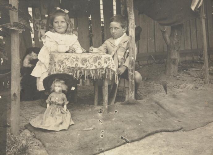 Digital Photograph - Boy & Girl having Tea Party in Play House, Backyard, Heidelberg, 1907