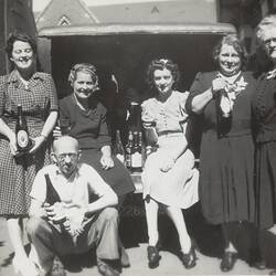 Digital Photograph - Four Women & One Man Sitting in Boot of Car Holding Beer Bottles, Family Christmas Party, South Yarra Primary School, 1945