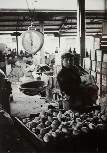 Digital Photograph - Stall Holder at Potato Stall, Queen Victoria Market, Melbourne, 1969