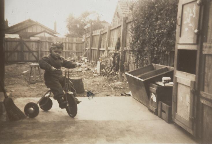 Digital Photograph - Girl on Tricycle, Backyard of Family Milk Bar, Moonee Ponds, 1949