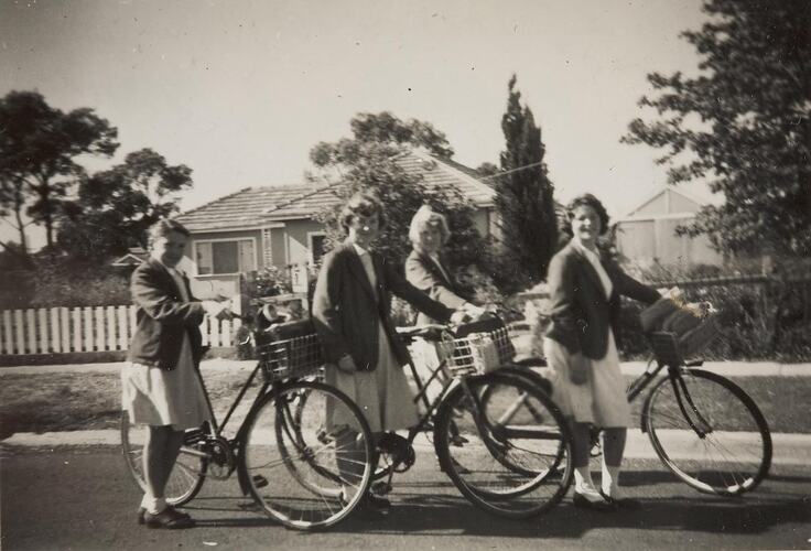Digital Photograph - Four Girls Riding their Bikes to School, Noble Park, 1958-1959
