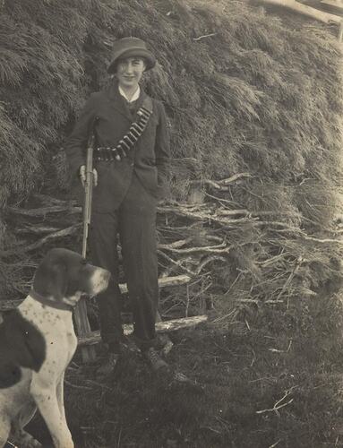 Digital Photograph - Woman in Hunting Dress with Shot Gun, Cartridge Belt & Dog, Saint Margaret Island, circa 1916