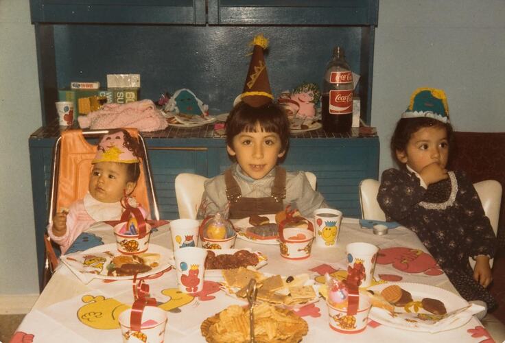 Digital Photograph - Boy, Girl & Baby in Party Hats for Birthday Party, Newport, 1979