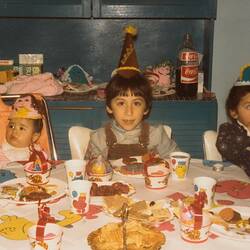 Digital Photograph - Boy, Girl & Baby in Party Hats at Birthday Party, Newport, 1979