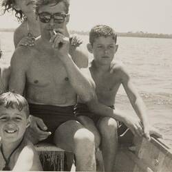 Digital Photograph - Man Smoking Cigarette, with Family, in Boat, Mordialloc, 1960