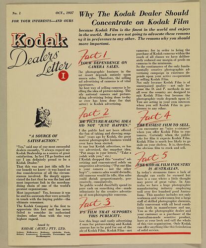 Leaflet - 'Kodak Dealers' Letter I', 1937