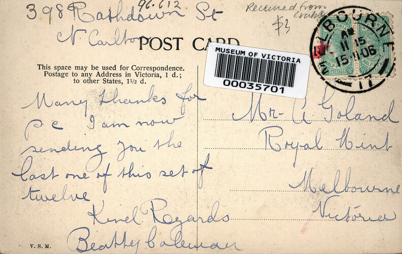 1912 postcard sent to Royal Mint