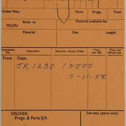 Form - Massey Ferguson, Operation Record, 1958