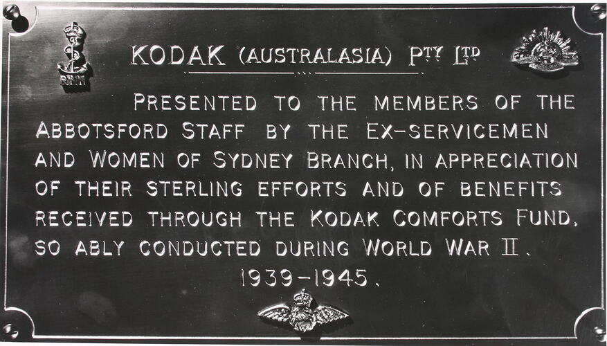 Photograph - Plaque Presented to Abbotsford Staff, Kodak Comforts Fund, World War Two